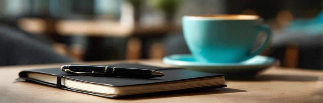Black hardcover notebook with smooth textured surface, lying flat on a wooden table with a sleek black pen resting on top, next to a light blue ceramic cup and saucer in a cozy