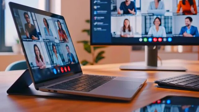 Multiracial team on video conference screen laptop, hybrid workspace with monitor and tablet, professional meeting atmosphere, collaboration and remote presentation with agenda