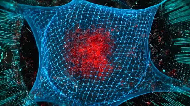 isolated neuron with red nucleus and blue mesh envelope, slow approach revealing membrane tension and surrounding microfilaments, scientific visualization for microscopy and virology