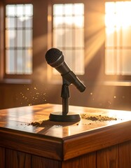 Black microphone on wooden stand, lit by golden sunlight streaming through windows
