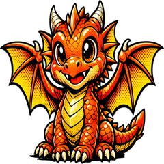 Naklejka premium Whimsical Dragon: A charming, friendly dragon with vibrant orange scales and golden wings, inviting a sense of wonder and fantasy.