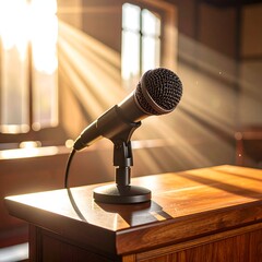 Microphone on a wooden podium, bathed in sunlight in a courtroom