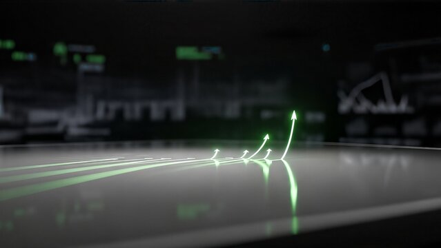 Futuristic neon green graph on dark background with blurred charts. - Powered by Adobe