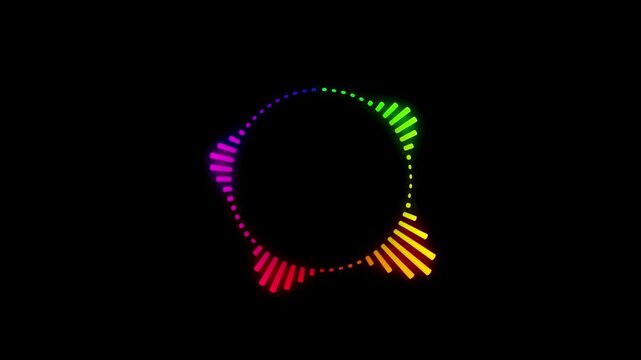 Colorful circular audio spectrum equalizer on black background neon rainbow sound wave ring for music visualization podcast dj streaming technology and modern nightlife branding banner