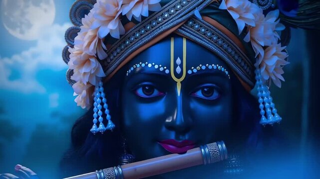 Mystical cinematic video portrait of Lord Krishna as Shyam playing the flute under moonlight. Cool blue tones, soft glowing highlights, and selective focus create a serene and divine atmosphere