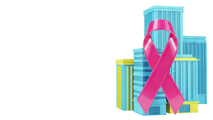 Pink Ribbon Symbol in Front of Stylized Blue Buildings