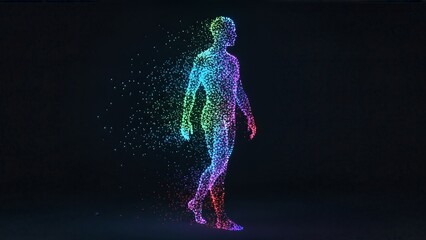 Glowing Human Figure Composed of Colorful Particles.