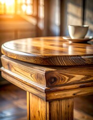 Warm light bathes a wooden table with a cup, cozy interior