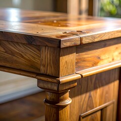 Close-up of ornate wooden table corner with intricate joinery and finish