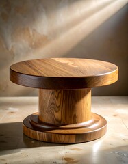 Wooden pedestal table with a circular top and a fluted base