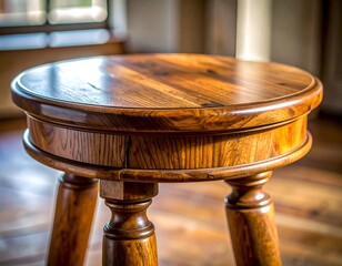 Close-up of a well-crafted, round wooden stool with three legs