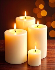 Cozy Ambiance: Group of Illuminated Pillar Candles Against a Dark Background with Warm Bokeh Lights