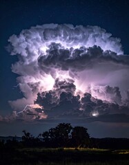 Dramatic nighttime thunderstorm with lightning illuminating large clouds