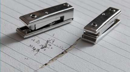 Two silver staplers with holes and a paper strip