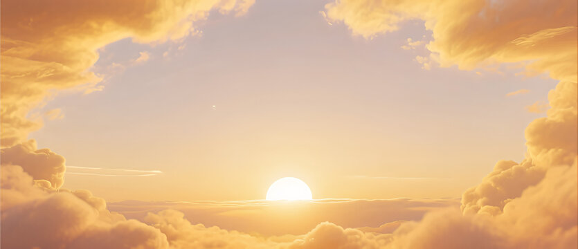 radiant sun breaking through fluffy clouds vibrant warm color palette serene above cloud level perspective beautiful sky scenery peaceful nature light