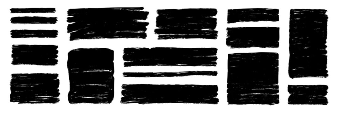 Rough brush square, rectangle frame with torn edges and jagged borders. Square and rectangle shapes for text boxes, vintage paper texture with rough brush black ink strokes. Vector illustration