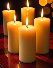 Warm Glowing Pillar Candles Creating a Serene and Intimate Festive Ambiance on a Reflective Wooden Surface with Bokeh Lights