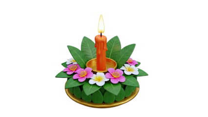 3D Render of a Krathong with Candle and Flowers