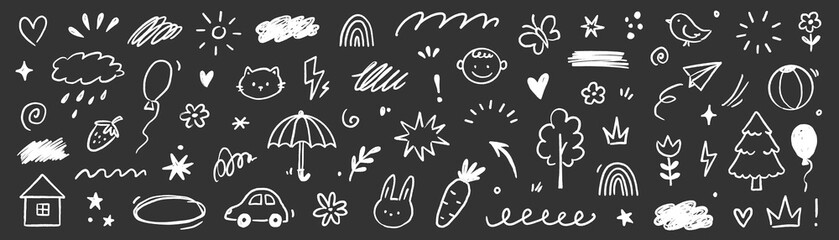 Kid element cute icon set. Kid icon heart, star, cloud element line hand drawn sketch on background. Cute childish chalk crayon art with flower, rainbow, sun on chalkboard. Vector illustration
