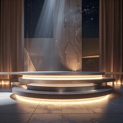 Illuminated circular stage with grand architecture and celestial backdrop