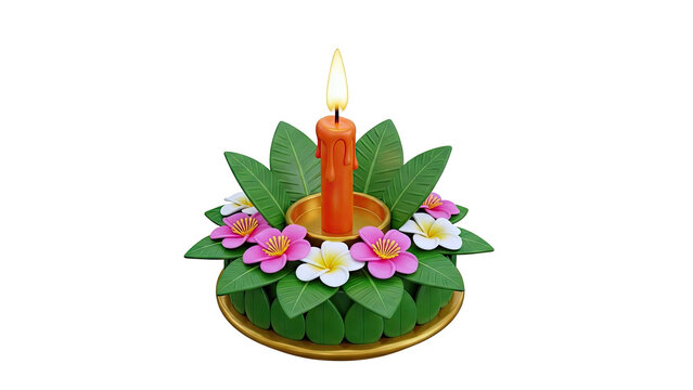 3D Render of a Krathong with Candle and Flowers