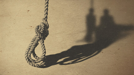 A noose hanging with a long shadow of two figures, suggesting the heavy concept of life or death