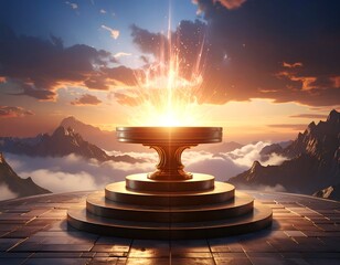 Golden platform atop clouds, beams of light erupting towards sunset