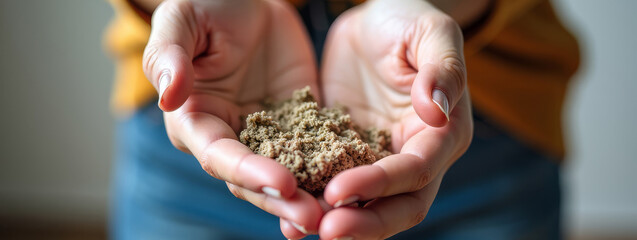 Focused shot of female hands planting seeds, Detailed view of hands holding tiny seeds in soil for planting, Close perspective of female hands gently placing small seeds into rich earth for growth