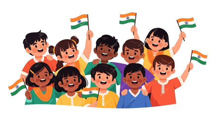 Naklejka premium Illustration of a diverse group of children celebrating Republic Day of India with Indian flags in their hands, conveying a joyful mood with a colorful and vibrant style against a clean