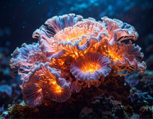 Bioluminescent coral formation glows softly in deep ocean