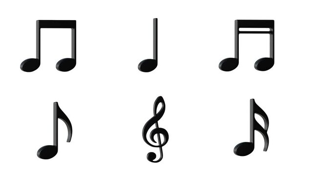 ループ回転する様々な音符の3Dアニメーション。立体的な黒い音楽記号の動画素材