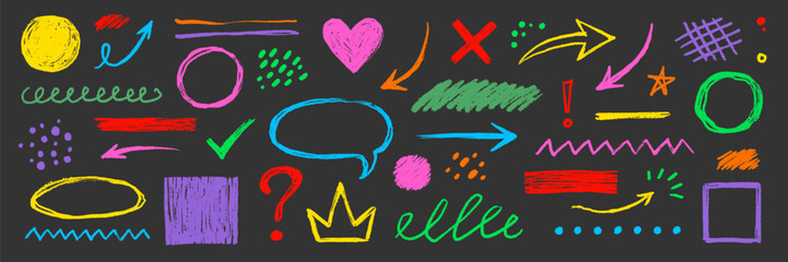 Obraz premium Hand drawn crayon arrows, chalk circles, dot color set. Textured chalk strokes with childlike doodles, dots, scribbles pastel texture pencil underline, star, arrow elements. Vector illustration