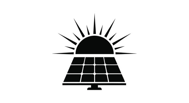 A striking visual of a solar panel array with a sunburst depicted as a silhouette