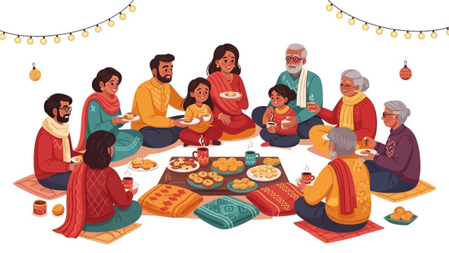 Vector illustration of a diverse family celebrating Republic Day in India with a festive meal and traditional decorations.