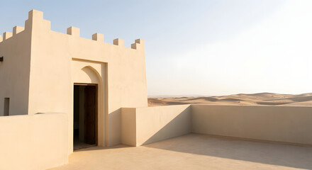 view from the roof of a traditional arabic mud brick fort or house overlooking a vast desert landscape with sand dunes under a clear sky in bright natural sunlight
