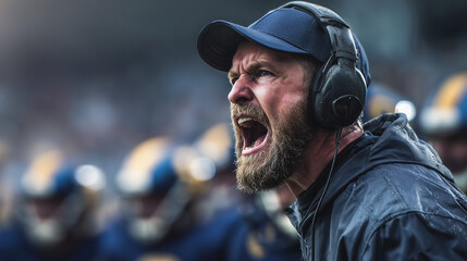 A man with a beard and a hat is yelling at a football game