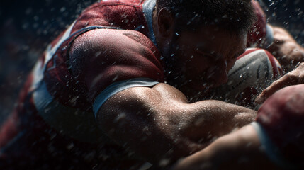 A man in a red shirt is playing rugby