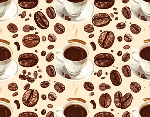 Obraz premium Repeated pattern of coffee cups, steam, and roasted beans on beige