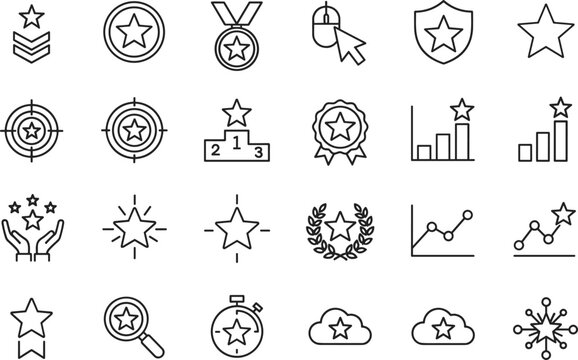 Set of black line icons for achievements featuring stars in medals, shields, trophies, targets, and growth charts for success.