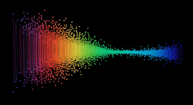 Spectrum Brilliance: A vivid display of a light spectrum is bursting across the dark backdrop, illustrating the vibrant hues and diverse wavelengths of visible light. 