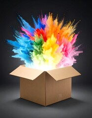 Box opens, unleashing a vibrant cloud of multicolored powder explosion