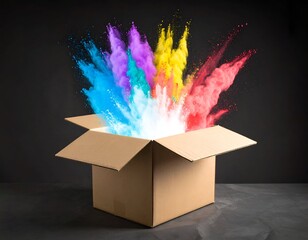 A cardboard box bursts with colorful, powdery explosions against a dark backdrop