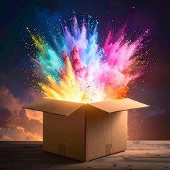 A cardboard box bursts open, unleashing vibrant clouds of colorful powder