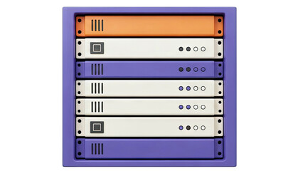Rack of colorful electronic modules with vents and indicator lights