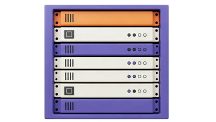 Rack of colorful electronic modules with vents and indicator lights