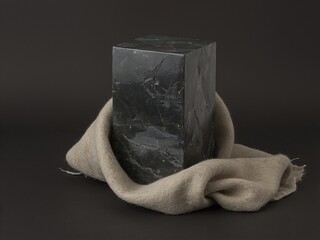 Rough black stone block wrapped in soft beige fabric against dark background