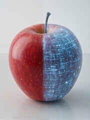 Red apple split with glowing blue digital network on light background