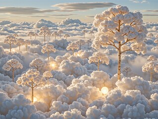Surreal white trees with glowing orbs above fluffy clouds at sunrise