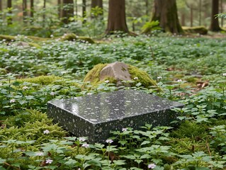 Terrazzo pattern product stand surrounded by green forest plants