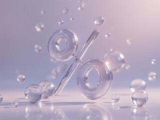 Transparent percent symbol with spheres on a reflective purple surface